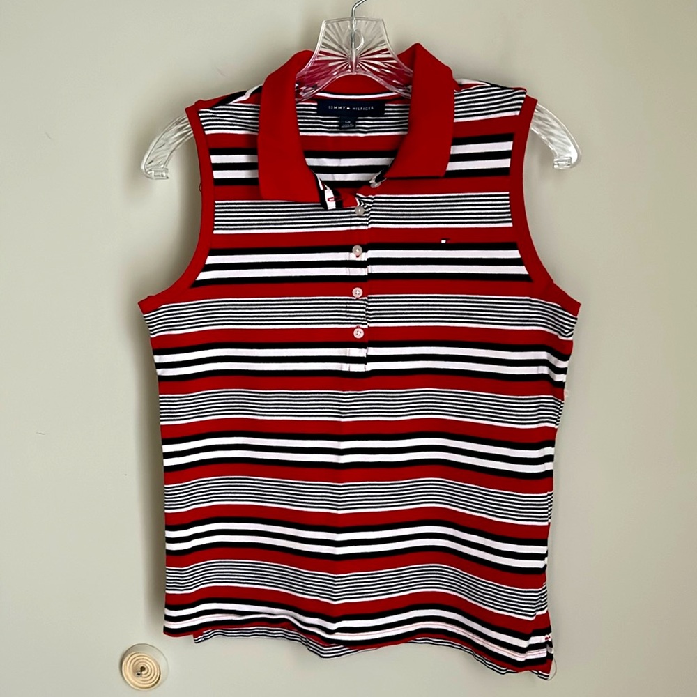 Tommy Hilfiger Women's Red and Black Striped Sleeveless Shirt